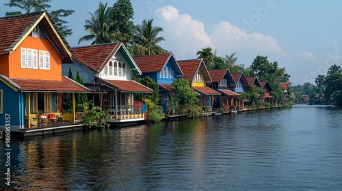 Colorful Riverside Houses in Scenic Landscape