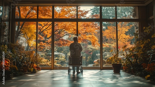 Autumn View from a Window with an Elderly Person