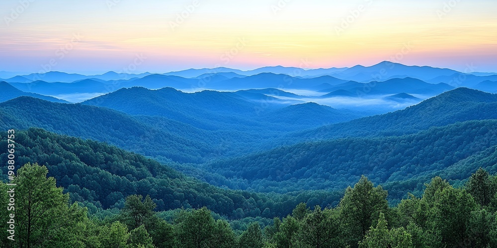 Obraz premium Serene Mountain Landscape Painted with Soft Hues of Dawn