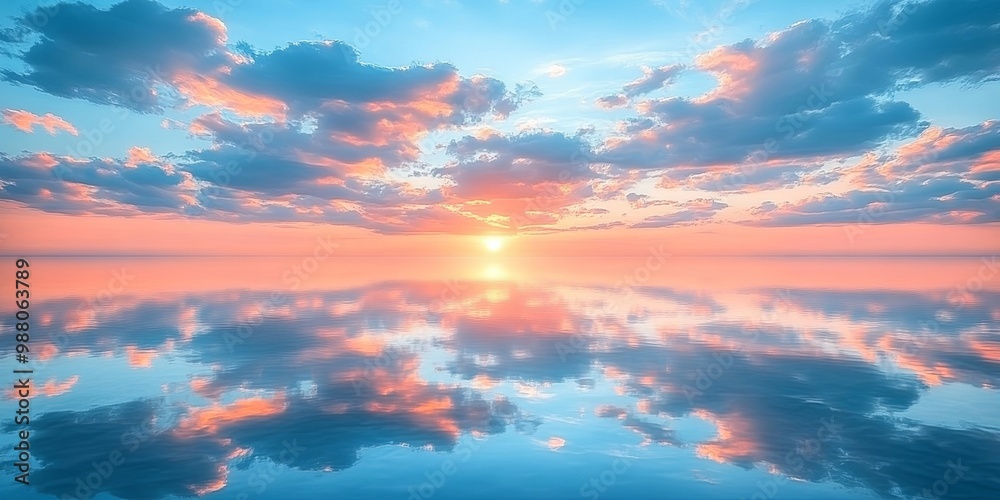 Serene Sunset Reflected in Calm Waters, Painting the Sky with a Palette of Warm Hues Serene Sunset Reflected in Calm Waters, Painting the Sky with a Palette of Warm Hues
