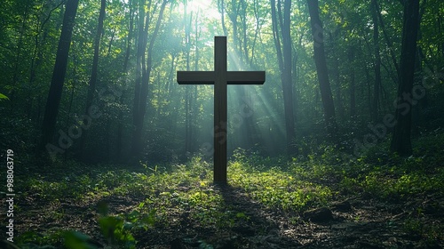 Peaceful Forest Scene with Cross in Sunlight