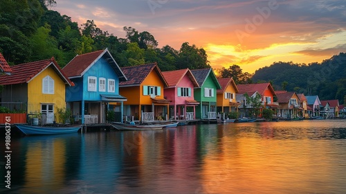 Colorful Houses Beside Tranquil Water at Sunset