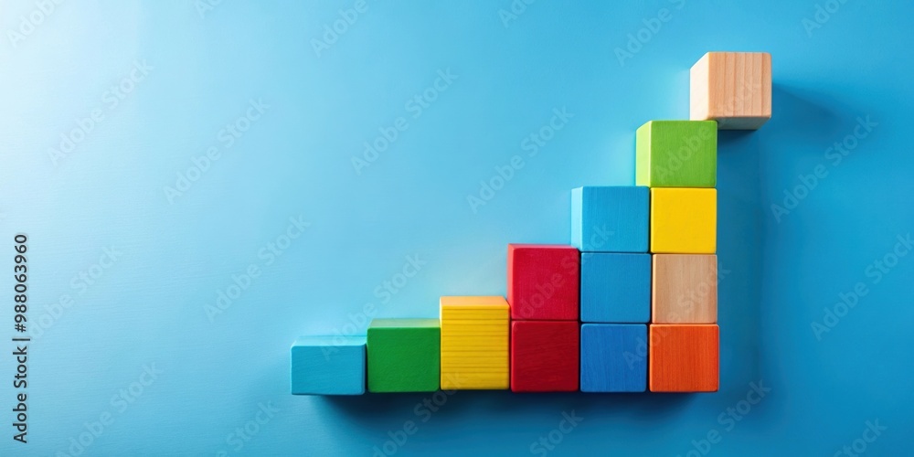 Obraz premium Colorful ascending blocks on blue background symbolizing growth and success, vibrant, blocks, colorful, ascending