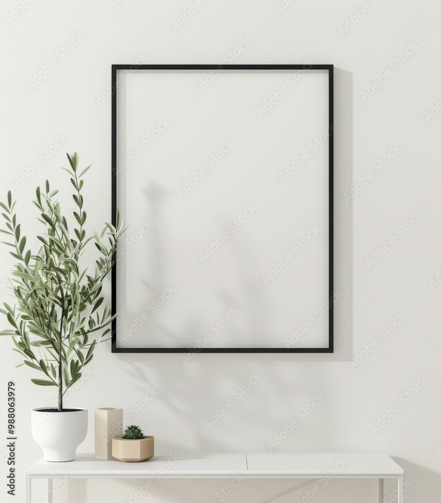 Minimalist interior design with a black frame mockup, perfect for showcasing your artwork or photography. The olive tree adds a touch of nature to this stylish and modern space. Minimalist interior design with a black frame mockup, perfect for showcasing your artwork or photography. The olive tree adds a touch of nature to this stylish and modern space.