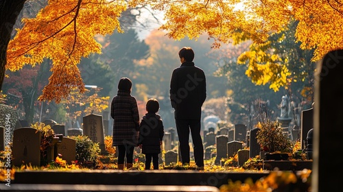 Family Contemplating in Serene Autumn Cemetery Scene