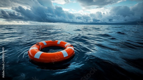 Bright Lifebuoy Floating on Calm Ocean Waters