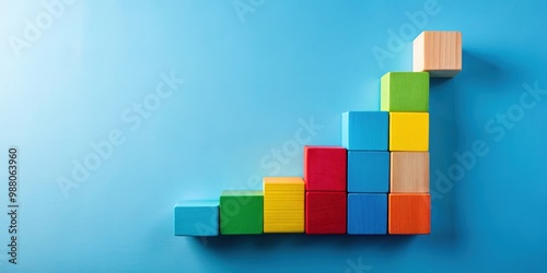 Colorful ascending blocks on blue background symbolizing growth and success, vibrant, blocks, colorful, ascending