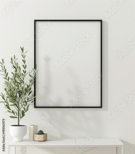 Minimalist interior design with a black frame mockup, perfect for showcasing your artwork or photography. The olive tree adds a touch of nature to this stylish and modern space.