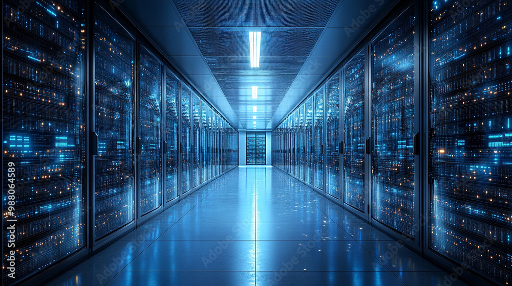 futuristic corridor in a working data center filled with rows of servers and illuminated by cool-toned lights, symbolizing technology, data processing, digital connectivity, and information flow futuristic corridor in a working data center filled with rows of servers and illuminated by cool-toned lights, symbolizing technology, data processing, digital connectivity, and information flow