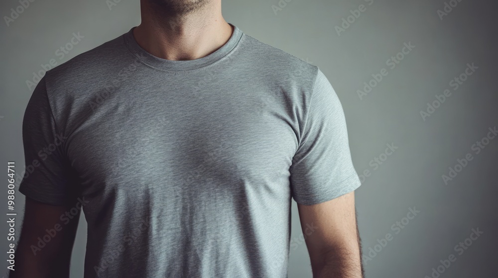 A close-up of a person wearing a gray t-shirt against a neutral background. A close-up of a person wearing a gray t-shirt against a neutral background.