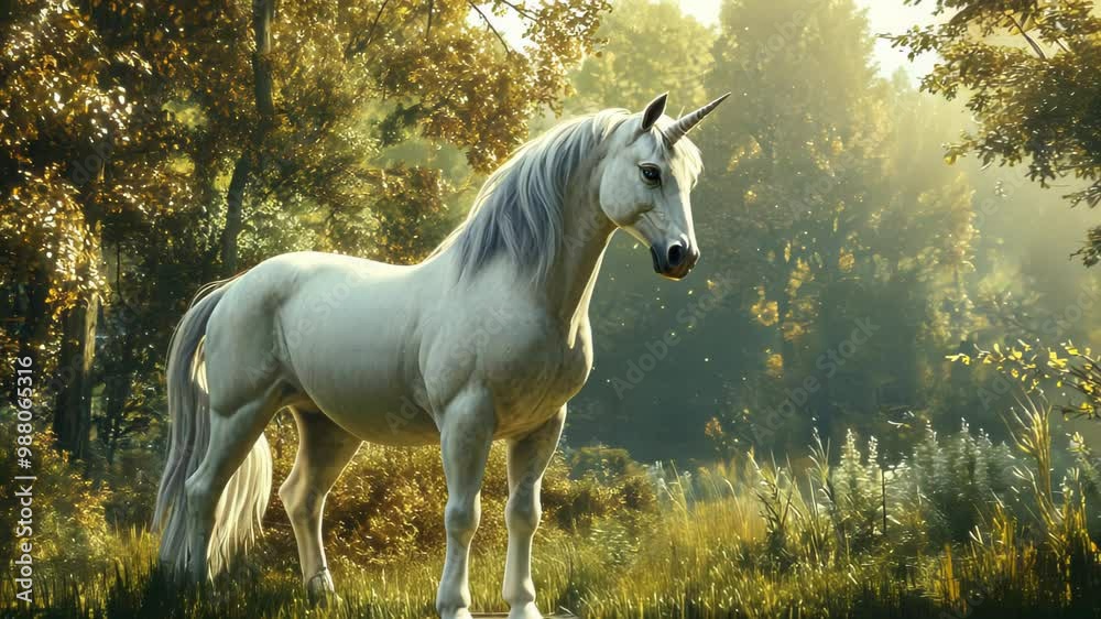 A majestic unicorn stands by a tranquil pond in a sunlit forest. A majestic unicorn stands by a tranquil pond in a sunlit forest.