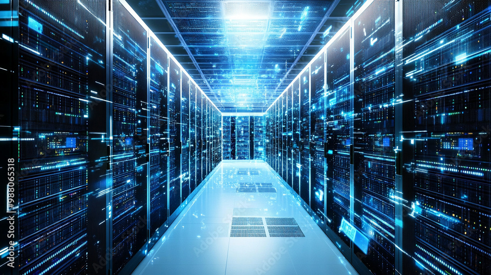 futuristic corridor in a working data center filled with rows of servers and illuminated by cool-toned lights, symbolizing technology, data processing, digital connectivity, and information flow futuristic corridor in a working data center filled with rows of servers and illuminated by cool-toned lights, symbolizing technology, data processing, digital connectivity, and information flow