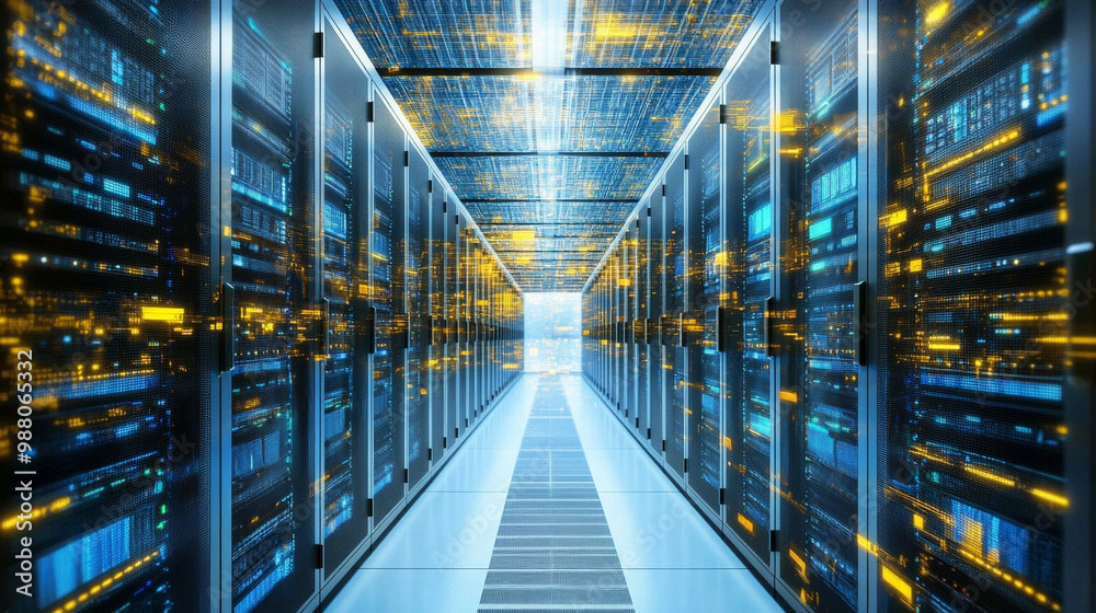 futuristic corridor in a working data center filled with rows of servers and illuminated by cool-toned lights, symbolizing technology, data processing, digital connectivity, and information flow futuristic corridor in a working data center filled with rows of servers and illuminated by cool-toned lights, symbolizing technology, data processing, digital connectivity, and information flow