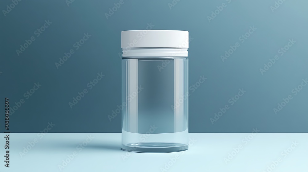 A Clear Glass Bottle with a White Lid on a Blue and Light Blue Background A Clear Glass Bottle with a White Lid on a Blue and Light Blue Background