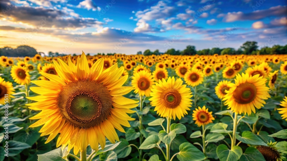 Fototapeta premium Vibrant sunflowers in a picturesque field , sunflowers, field, vibrant, nature, yellow, blooming, summer, agriculture, growth
