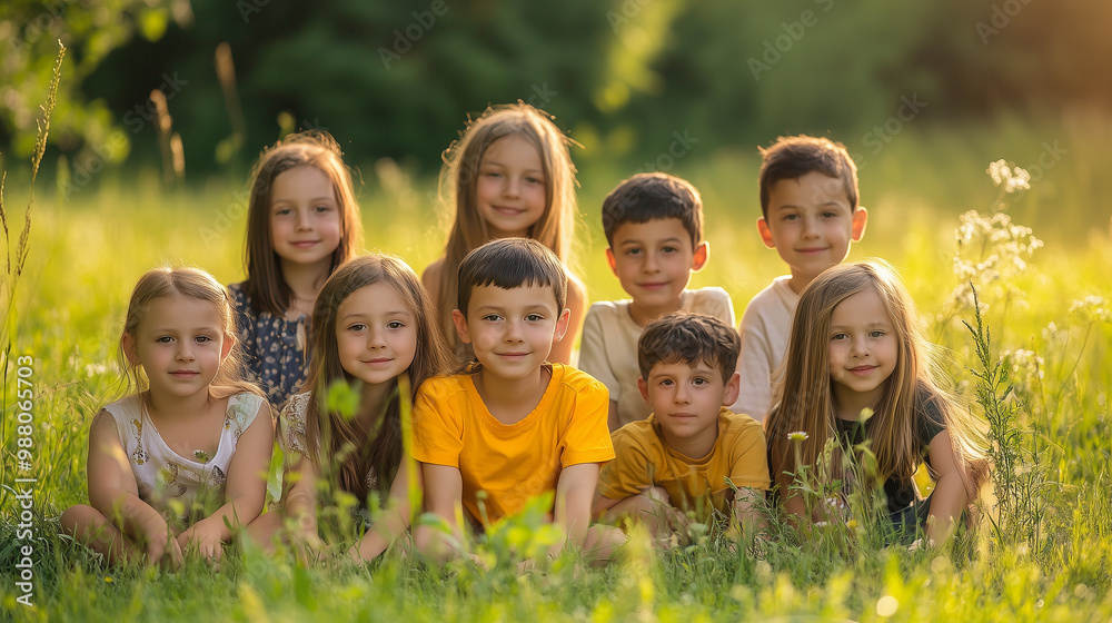 Happy children in a summer park. Outdoor group portrait of happy friends in a sunny green park. Seven kids sitting and standing on a green meadow, looking at the camera and smiling. Banner background Happy children in a summer park. Outdoor group portrait of happy friends in a sunny green park. Seven kids sitting and standing on a green meadow, looking at the camera and smiling. Banner background