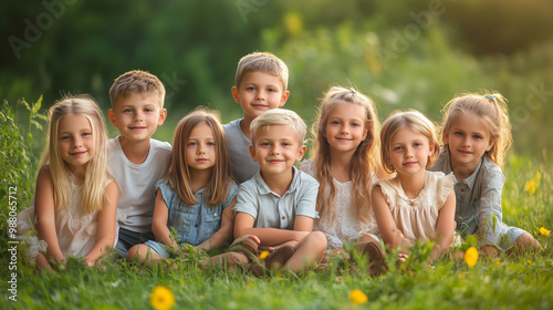 Happy children in a summer park. Outdoor group portrait of happy friends in a sunny green park. Seven kids sitting and standing on a green meadow, looking at the camera and smiling. Banner background 