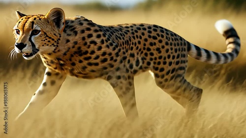 A dynamic illustration of a running cheetah in a natural habitat, showcasing speed and agility.