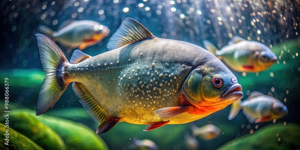 Naklejka premium Piranha swimming in tank at the Genoa aquarium, Italy, Piranha, fish, underwater, aquarium, Genoa, Italy, wildlife