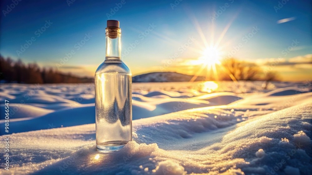 Icy vodka bottle in snow with winter sun in background for festive branding mockup, vodka, bottle, ice, snowy, landscape, winter Icy vodka bottle in snow with winter sun in background for festive branding mockup, vodka, bottle, ice, snowy, landscape, winter