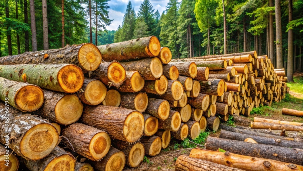 A pile of freshly cut tree trunks stacked in a forest clearing ready for transport, lumber, timber, wood industry A pile of freshly cut tree trunks stacked in a forest clearing ready for transport, lumber, timber, wood industry
