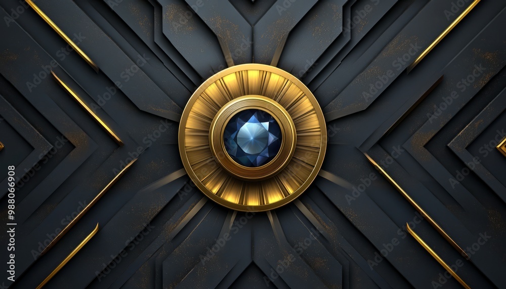 Fototapeta premium Blue Gemstone Embedded in Golden Circular Frame on Black Geometric Background
