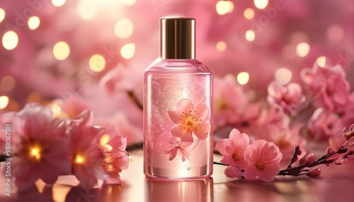 Radiant skincare moisturizer in an elegant bottle, enhanced by luminous effects against a soft pink floral backdrop