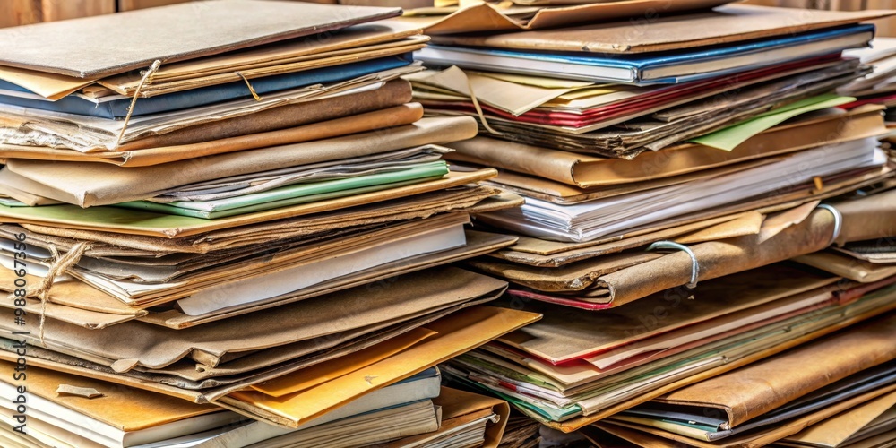 A pile of old notebooks, folders and documents, stacked on top of each other. Used paper ready for recycling A pile of old notebooks, folders and documents, stacked on top of each other. Used paper ready for recycling
