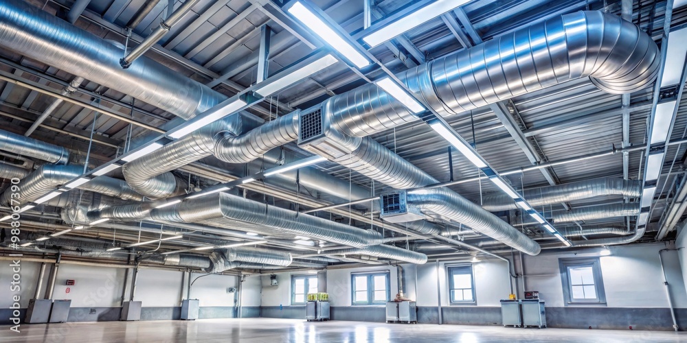 Industrial air conditioning system HVAC pipes on ceiling in empty room, industrial, air conditioning, HVAC, pipes Industrial air conditioning system HVAC pipes on ceiling in empty room, industrial, air conditioning, HVAC, pipes