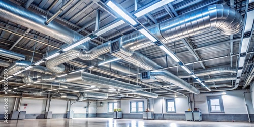 Industrial air conditioning system HVAC pipes on ceiling in empty room, industrial, air conditioning, HVAC, pipes