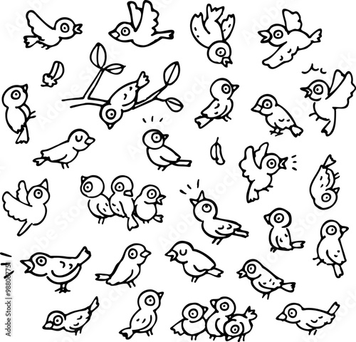 小鳥のキャラクターの手書きイラストセット
