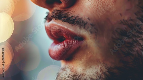 A close-up shot of a man, his lips puckered in a playful and romantic lip smack, capturing the essence of a sensual and passionate moment photo