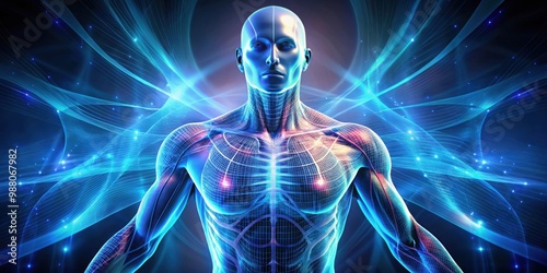 Human body with futuristic implants showing advanced technology, futuristic, technology