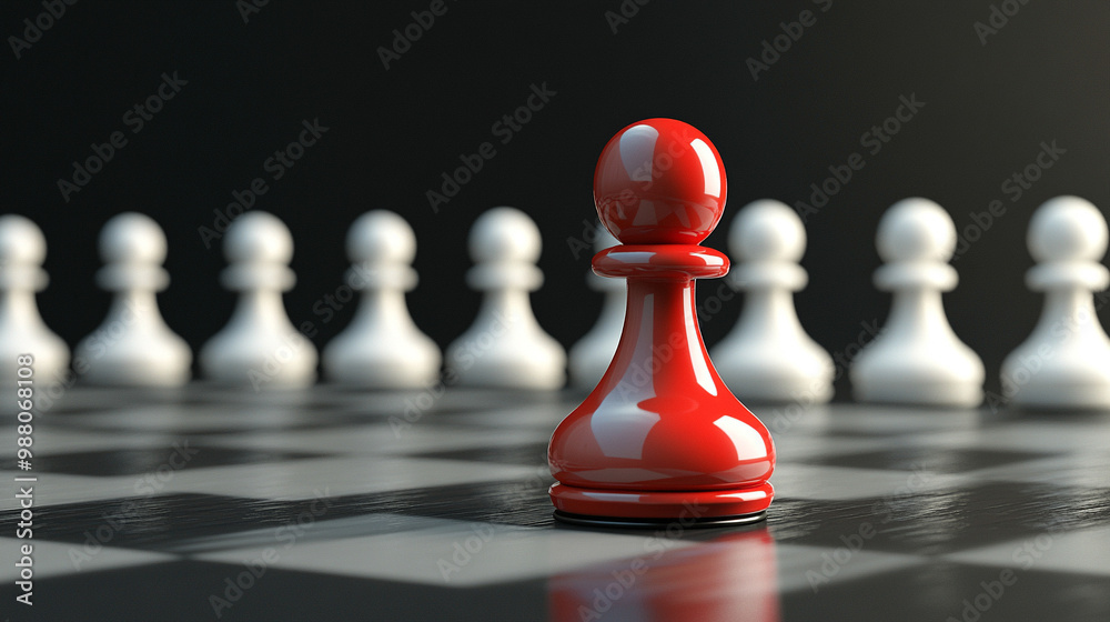 sleek, modern red chess pawn stands out prominently among other neutral-colored pawns, symbolizing individuality, power in simplicity, and strategic potential in a competitive environment sleek, modern red chess pawn stands out prominently among other neutral-colored pawns, symbolizing individuality, power in simplicity, and strategic potential in a competitive environment