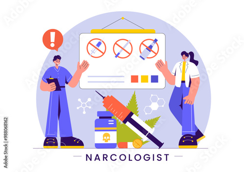 Narcologist Vector Illustration Featuring a Doctor, Drug Addiction Awareness, and Alcohol and Tobacco Issues in Healthcare in a Flat Background
