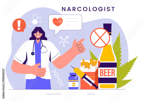 Narcologist Vector Illustration Featuring a Doctor, Drug Addiction Awareness, and Alcohol and Tobacco Issues in Healthcare in a Flat Background