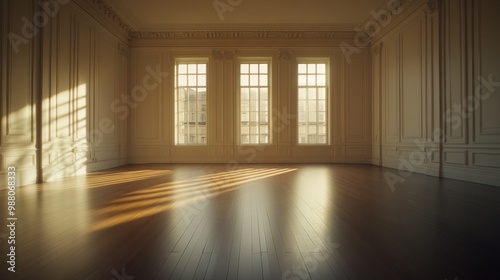 A spacious, sunlit room with elegant architectural details and wooden flooring.