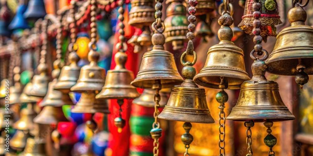 Close-up of traditional Nepalese bells hanging on a string , Nepal, culture, tradition, brass, souvenir, handcrafted Close-up of traditional Nepalese bells hanging on a string , Nepal, culture, tradition, brass, souvenir, handcrafted