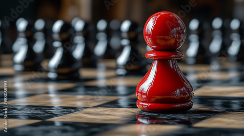 sleek, modern red chess pawn stands out prominently among other neutral-colored pawns, symbolizing individuality, power in simplicity, and strategic potential in a competitive environment