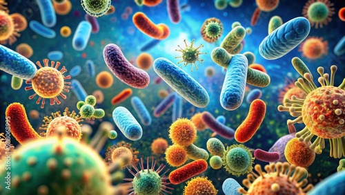 A close-up view of bacteria and microbes under a microscope, microorganisms, germs, microscopic, cells