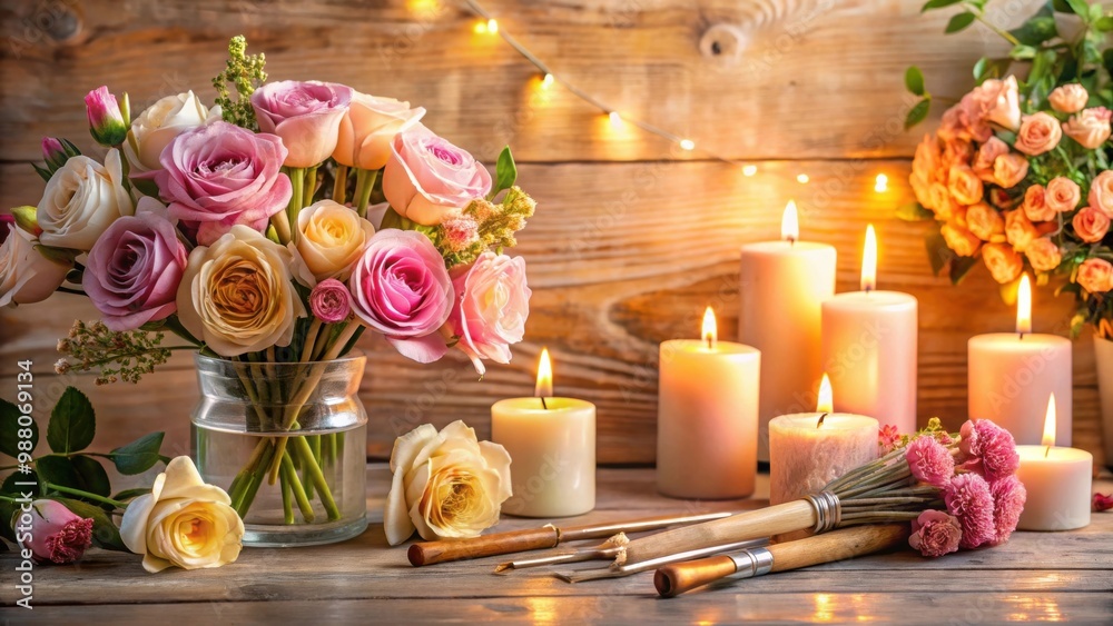 Romantic scene with flowers, candles, and brushes for love decoration, love, romance, props, flowers, candles Romantic scene with flowers, candles, and brushes for love decoration, love, romance, props, flowers, candles