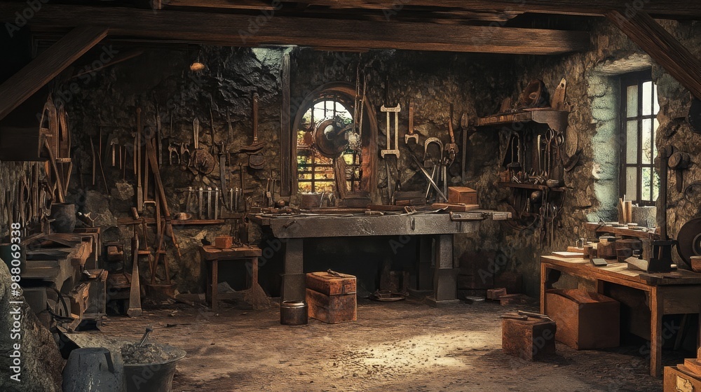 Fototapeta premium An old stone and timber workshop with tools and workbench, sunlight streaming through window.