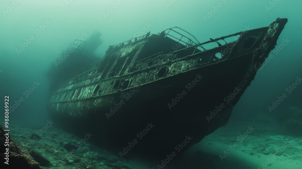 An underwater view of a sunken ship, the silhouette of the vessel is outlined in the hazy, turquoise water. An underwater view of a sunken ship, the silhouette of the vessel is outlined in the hazy, turquoise water.