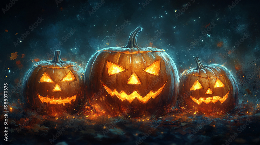 Naklejka premium Halloween-themed background featuring an empty, shadowy space ideal for adding text or captions. The spooky atmosphere is enhanced by subtle fog and haunting silhouettes in the distance