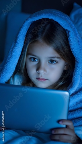 bedtime blue mobile bed concept tablet close phone eyes harmful ad screentime face detail watching light blanket small girl children girl tablet blanket bed game night technology person computer