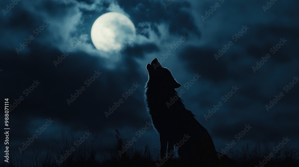 A silhouette of a wolf howling at a full moon in a dark, cloudy night sky. A silhouette of a wolf howling at a full moon in a dark, cloudy night sky.