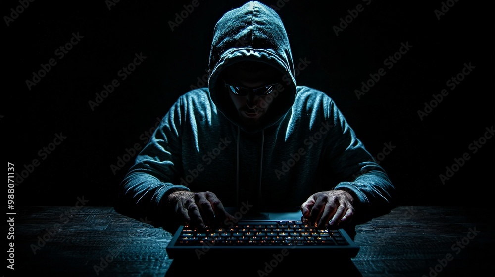 A hacker in a dark room typing on a keyboard, representing the constant threat of cyber attacks A hacker in a dark room typing on a keyboard, representing the constant threat of cyber attacks