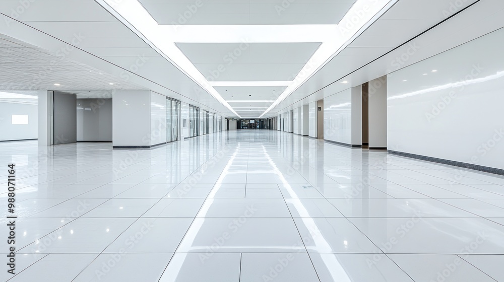 A spacious, modern corridor with glossy white tiles and bright overhead lighting.