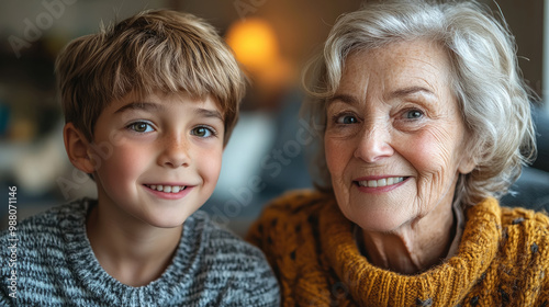 grandmother and grandson spending time together at home, elderly gray-haired woman, little child, boy, old age, senior citizens day, kid, family, relatives, communication, portrait, retired person