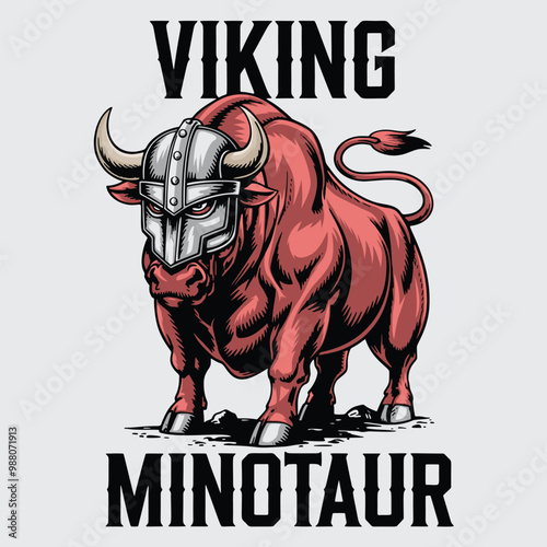 A drawing of a bull with viking helemt. photo